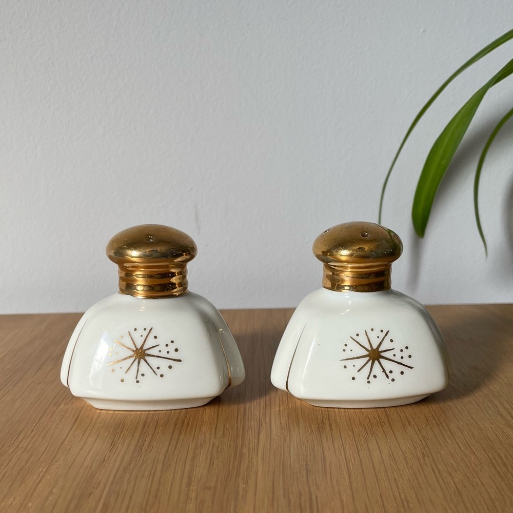 Vintage MCM Ucagco 22K Gold Atomic Starburst Porcelain Salt & Pepper Shakers